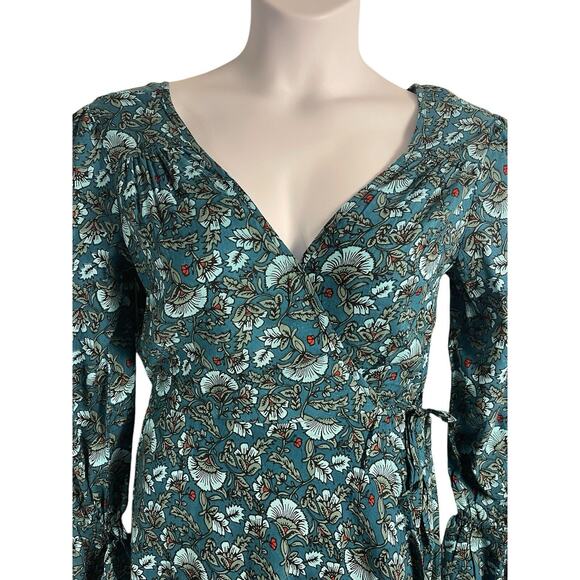 BAND OF THE FREE Women S Jewel Teal Dress Floral Wrap Tie Side Bell Cuff Hi Lo - Picture 10 of 13